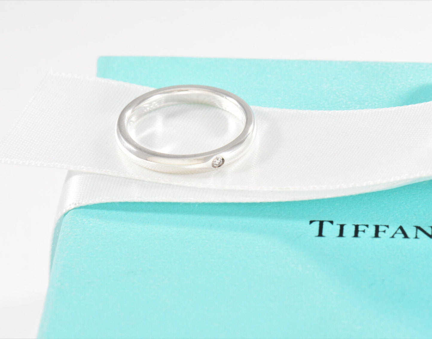 Size 5 Tiffany & Co Sterling Silver Elsa Peretti Diamond Stack Ring in Box Pouch