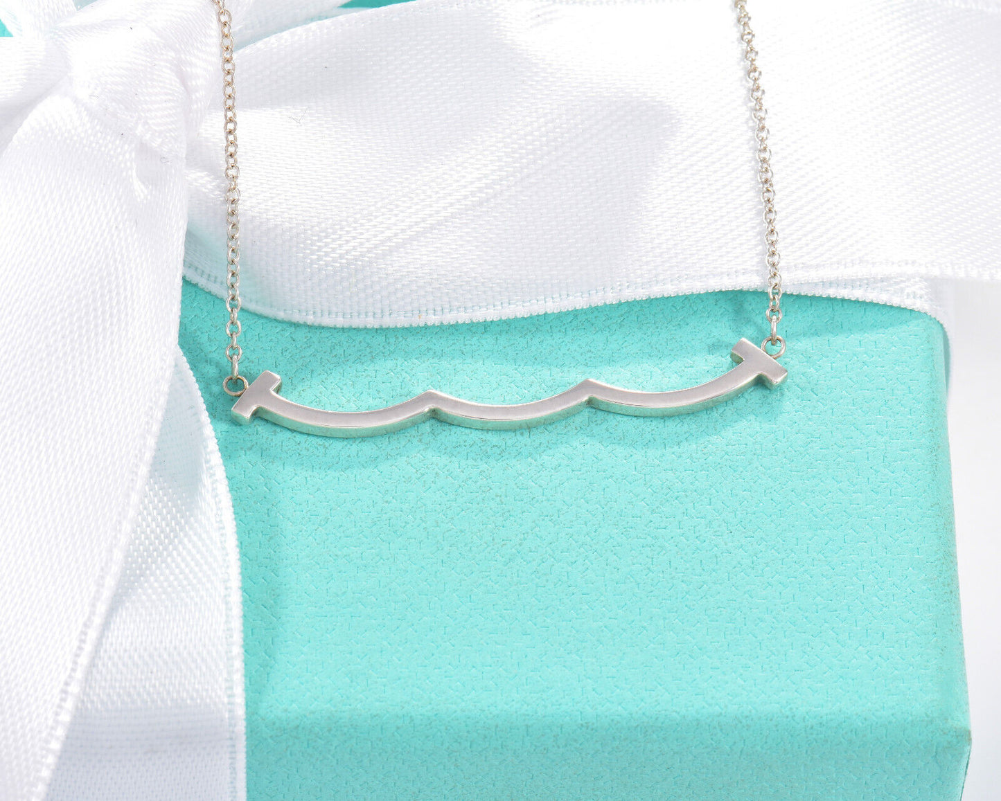 Tiffany & Co Sterling Silver T Wave Smile Pendant 16 - 18" Necklace in Box Pouch