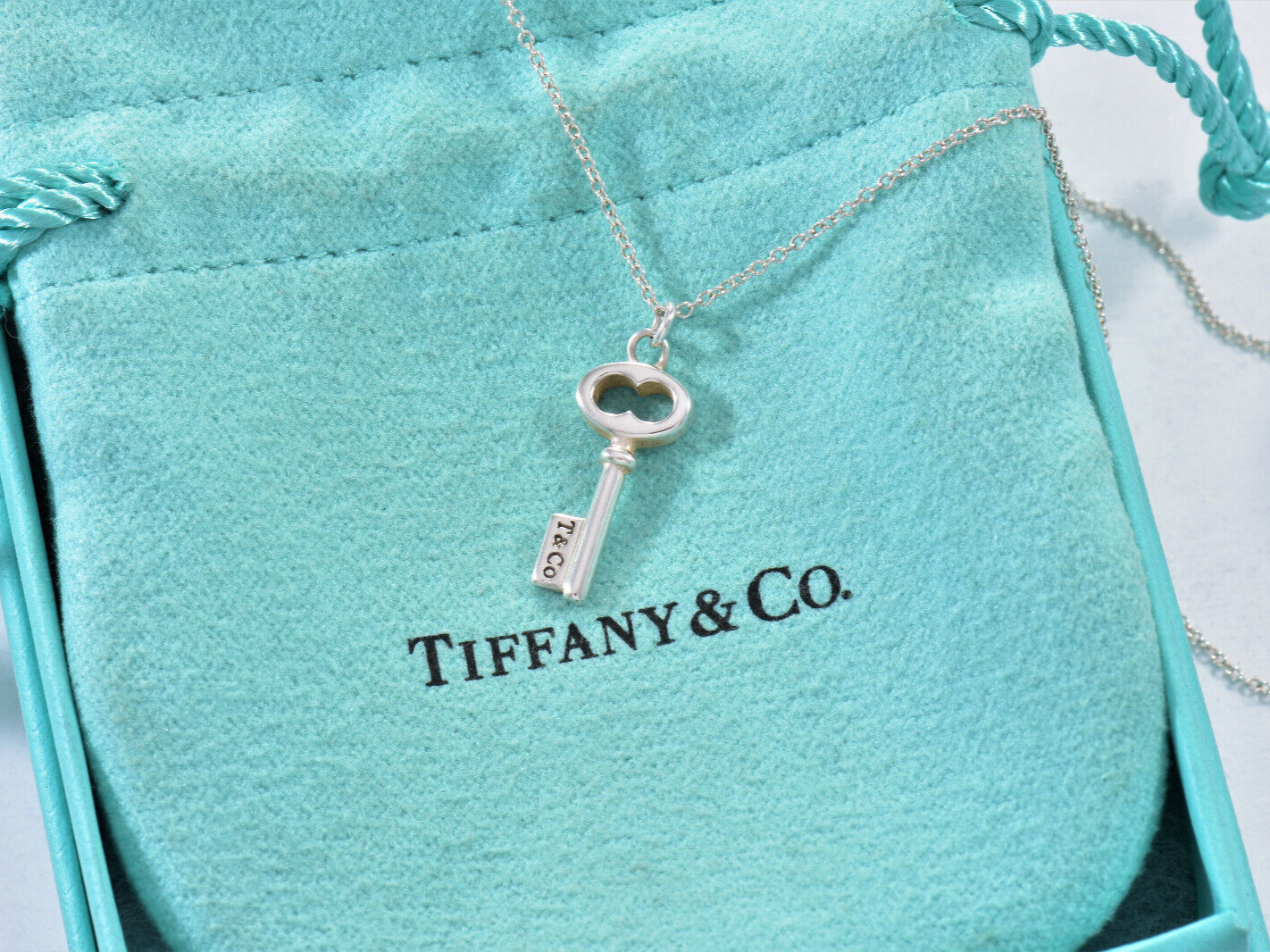 Tiffany & Co Silver Mini 20mm Oval Key Pendant 16.25" Chain Necklace in Pouch