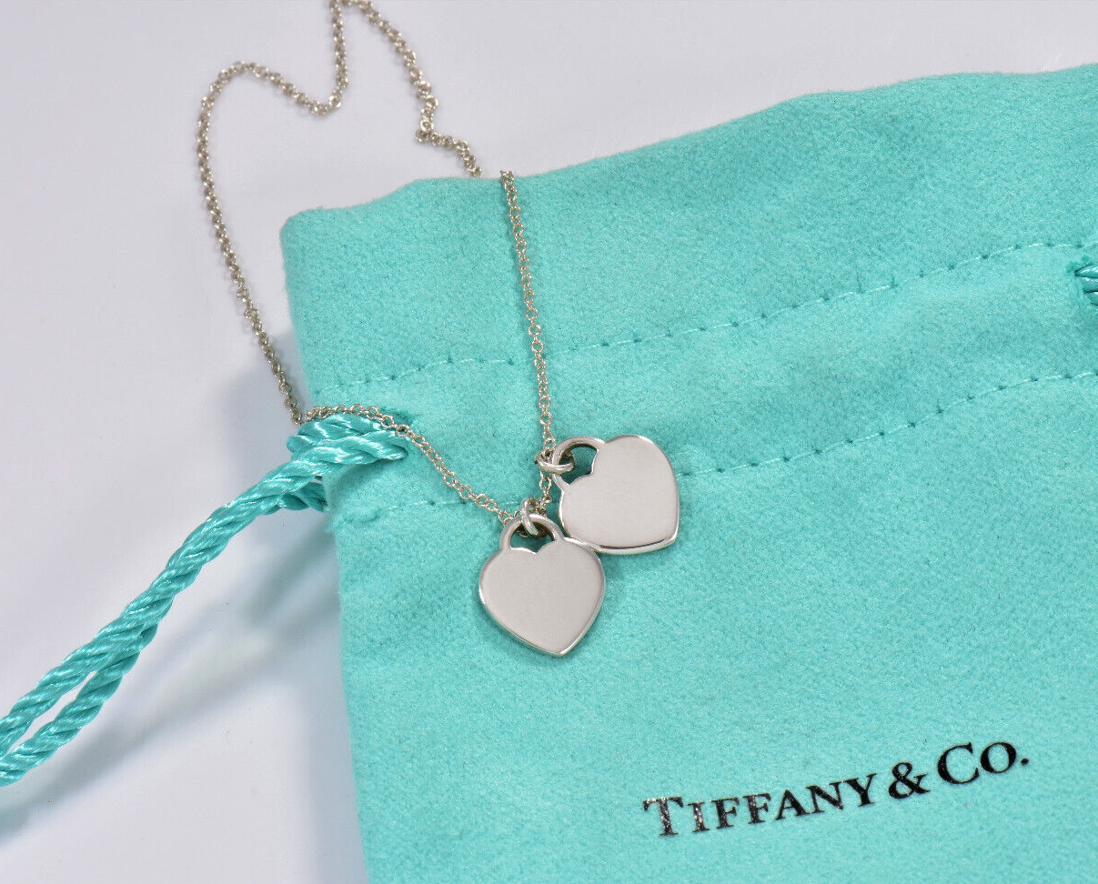 16.5" Please Return Tiffany & Co Silver Mini Double Heart Blue Enamel Necklace