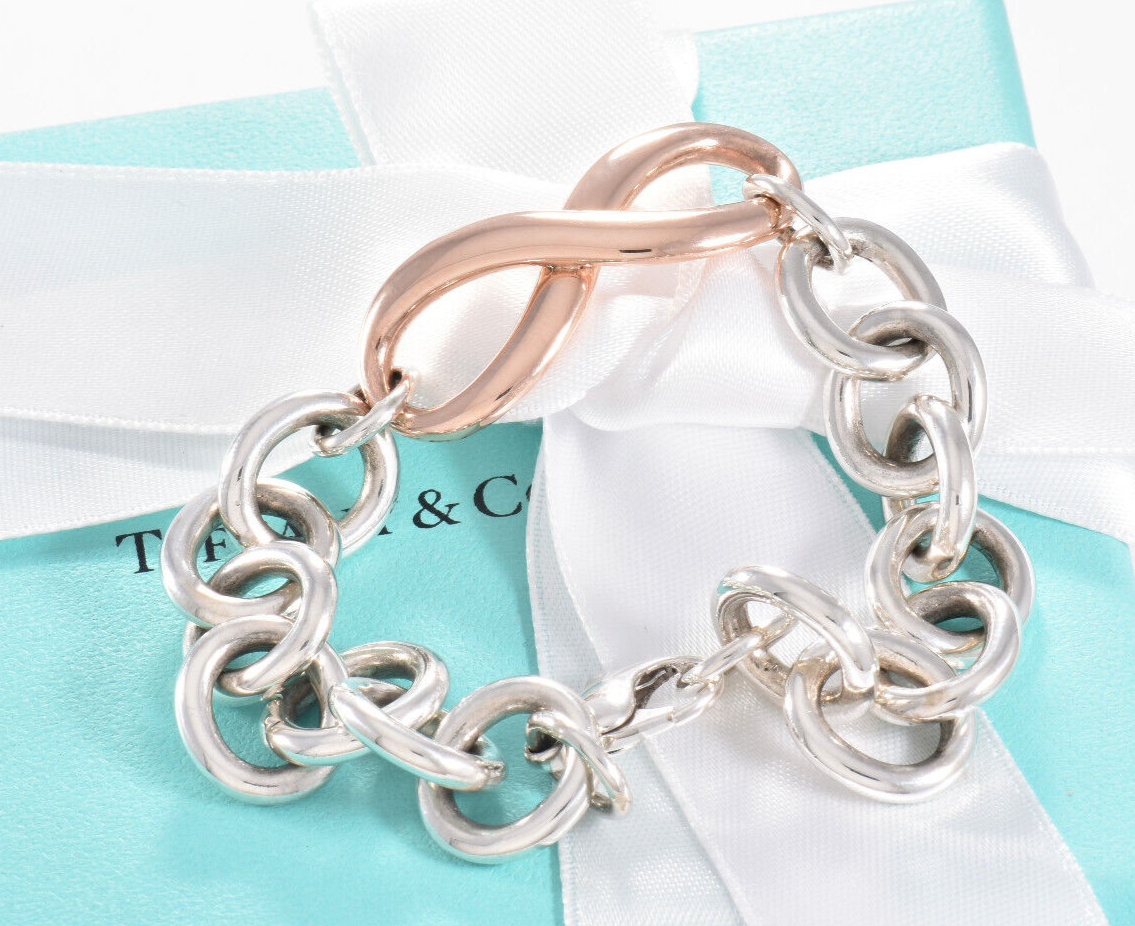 Heavy 7.75" Tiffany & Co Rubedo Gold Metal Silver Infinity Large Chain Bracelet