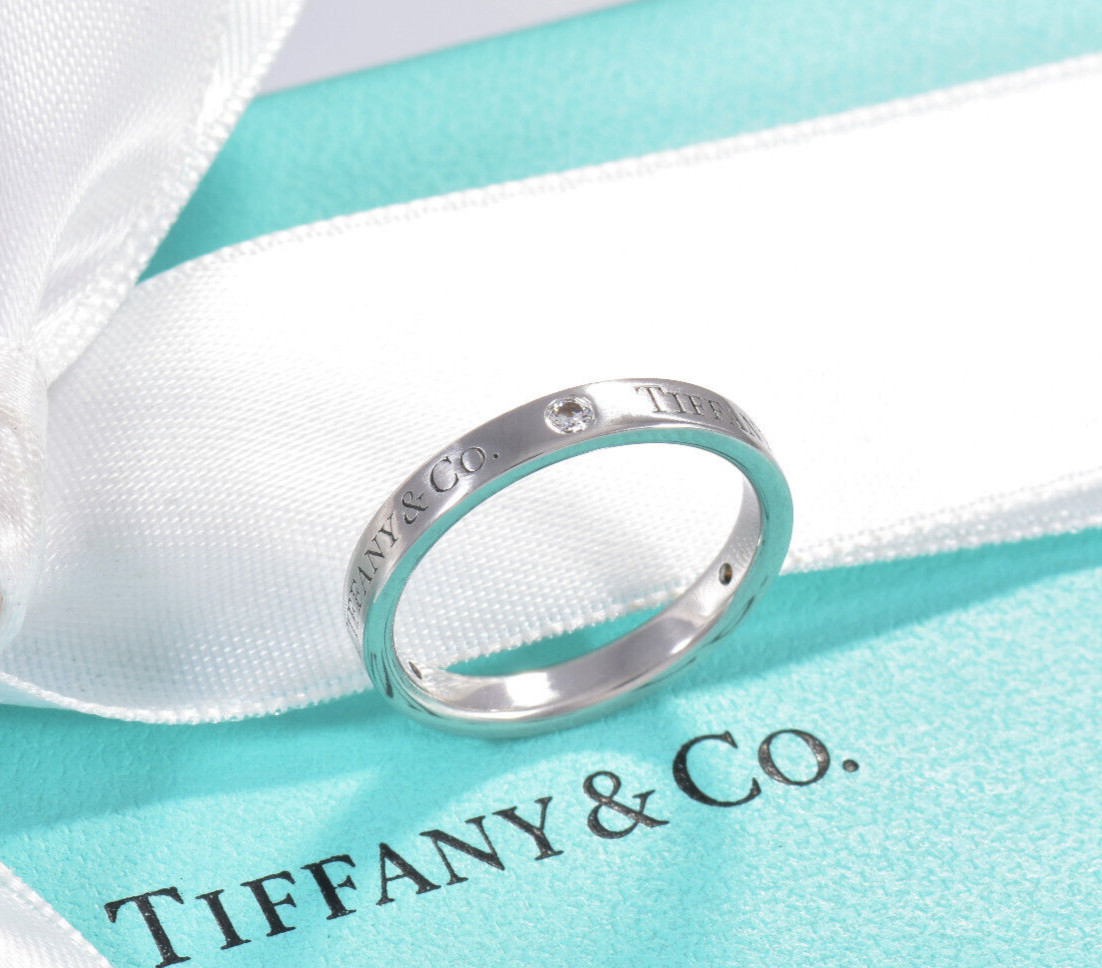 Size 8 Tiffany & Co Diamond Platinum Band 3mm Ring in Box Pouch .07 ct Classic