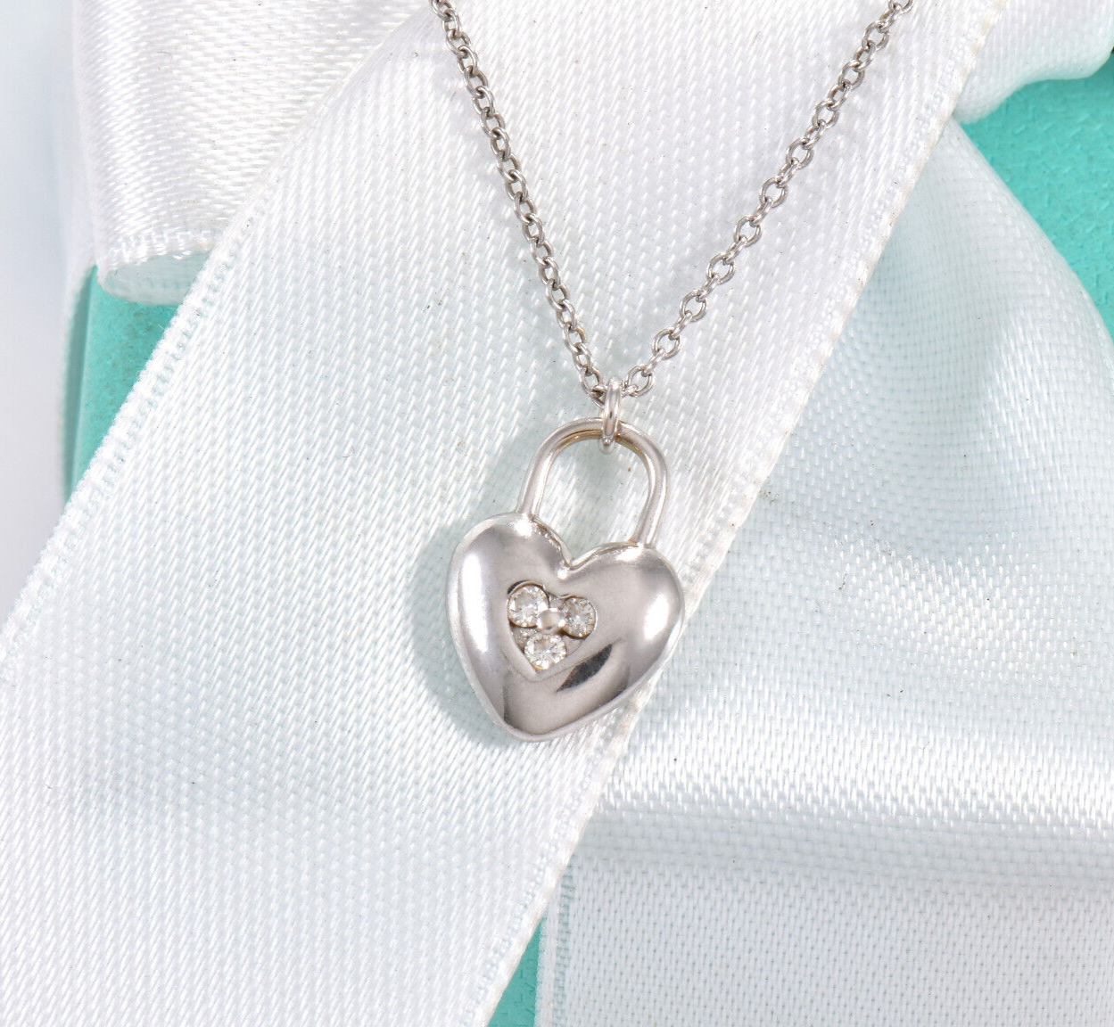 Tiffany & Co Diamond 18K White Gold Heart Lock 16.5" Necklace in Box Pouch Rare