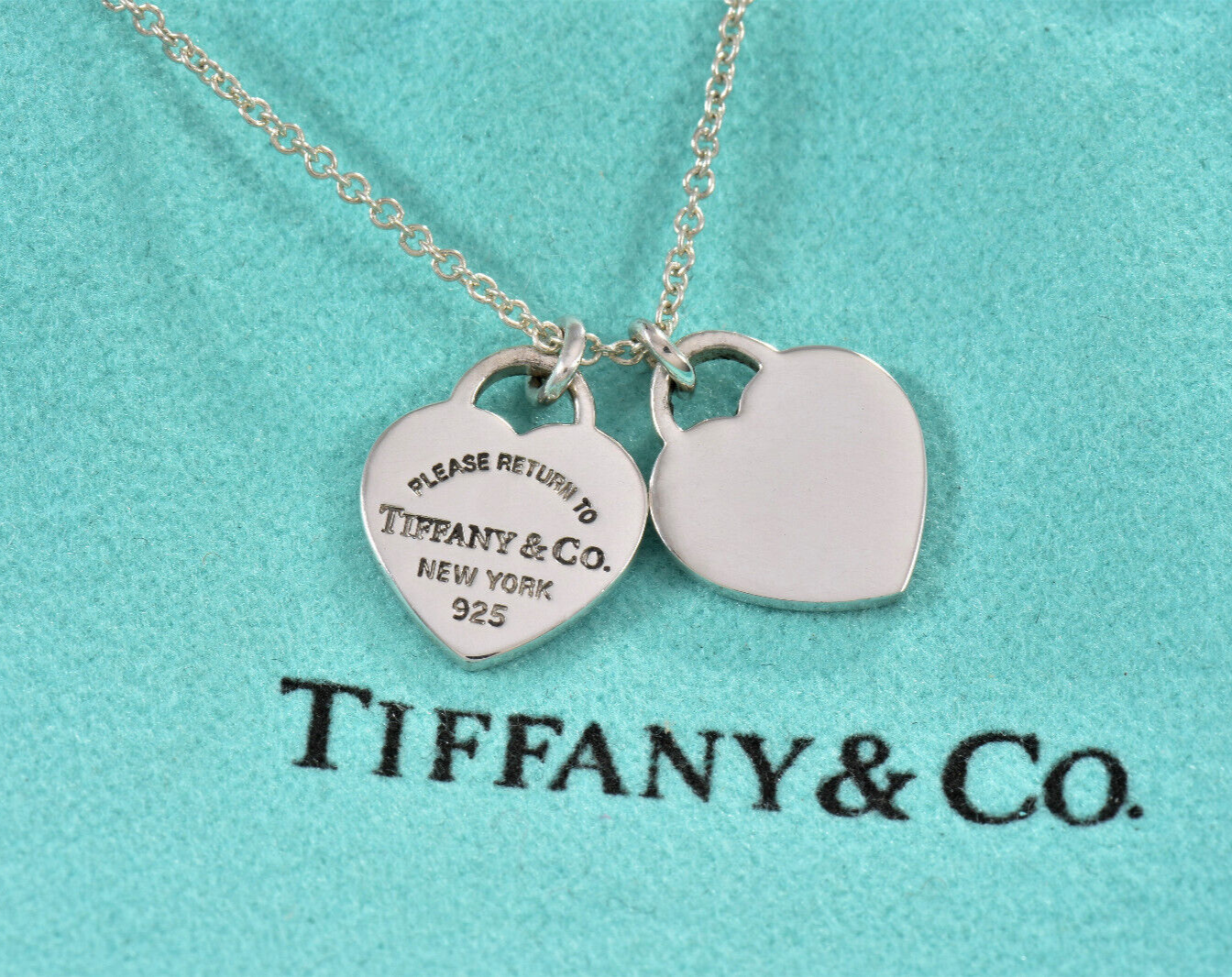 19.25" Please Return To Tiffany & Co Silver Mini Double Heart Pendant Necklace