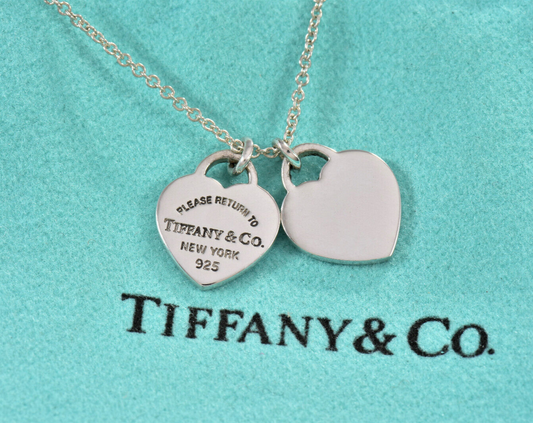 19.25" Please Return To Tiffany & Co Silver Mini Double Heart Pendant Necklace