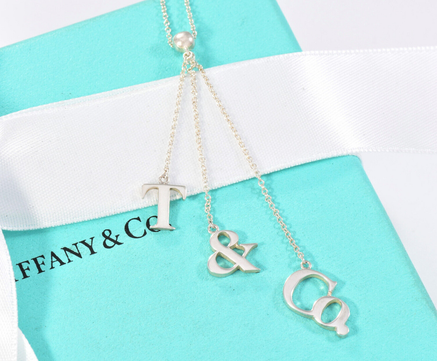 Tiffany & Co Silver T Bead Drop Dangle Pendant 16.5" Necklace & Box Pouch Ribbon