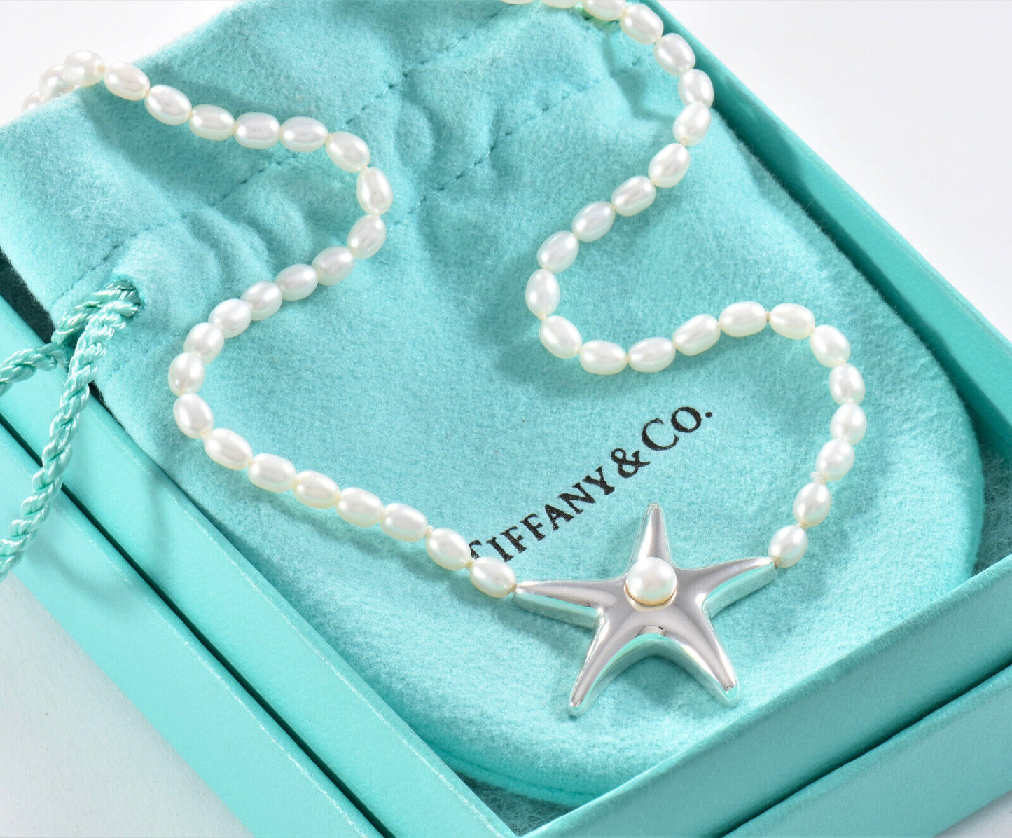 Vintage Tiffany & Co Sterling Silver Pearl Bead Starfish Pendant Necklace Pouch