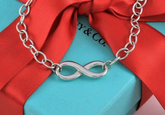 Tiffany & Co Sterling Silver Infinity Chain Link Bracelet 7.25" and Box Pouch