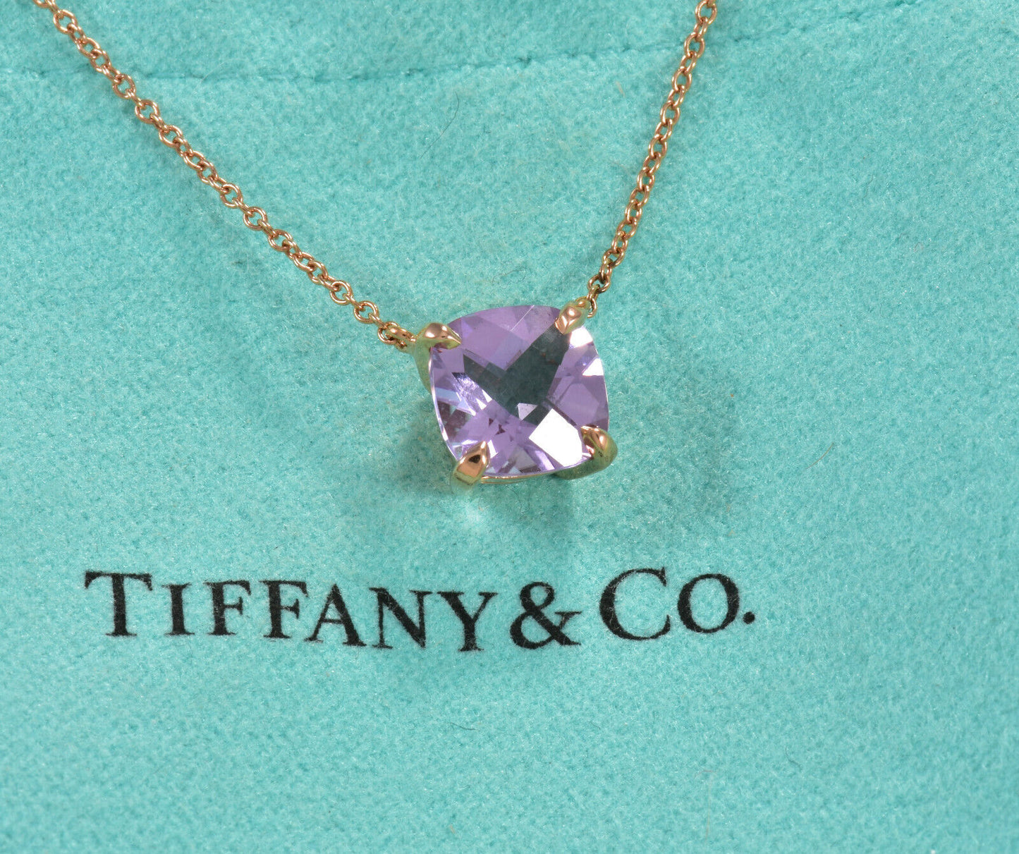 Tiffany & Co 18K Rose Gold Amethyst Square Sparkler Pendant 16" Necklace in Box