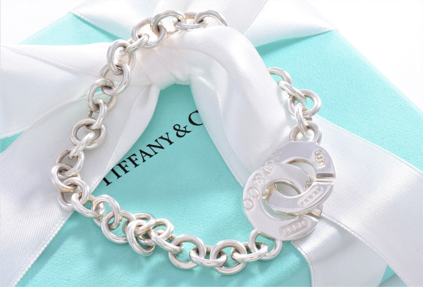 8" Tiffany & Co Sterling Silver 1837 Interlocking Toggle Bracelet in Pouch Rare