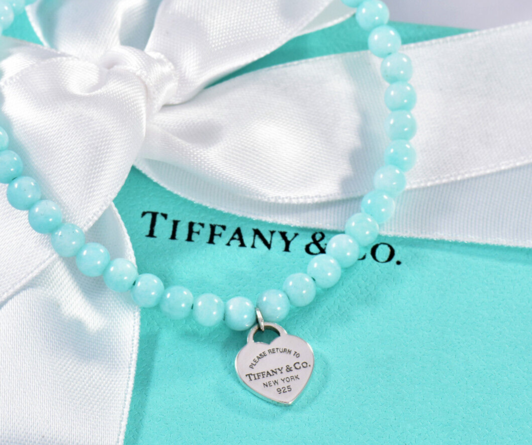 7.55" Please Return To Tiffany & Co Silver Heart Charm Amazonite Bead Bracelet