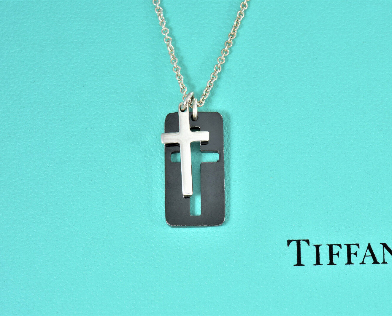 Tiffany & Co Silver Black Titanium Cross Pendant 20" Necklace in Pouch Rare Mens