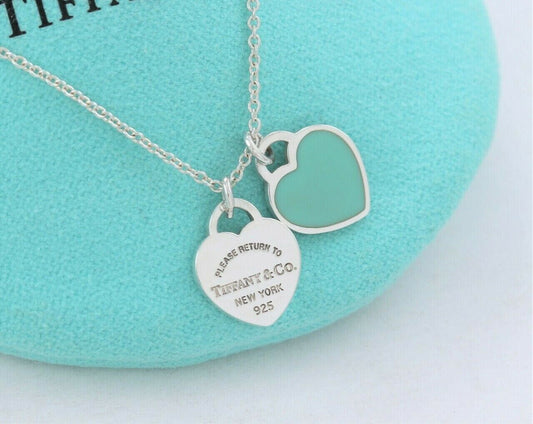 Please Return To Tiffany & Co Silver Mini Double Heart Blue Enamel 16" Necklace