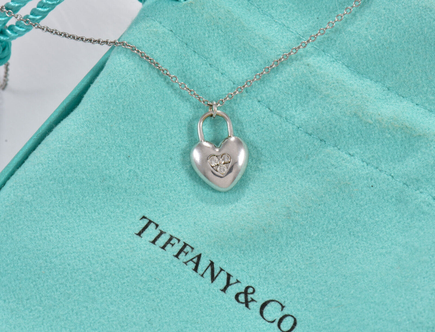 Tiffany & Co Diamond 18K White Gold Heart Lock 16.5" Necklace in Box Pouch Rare