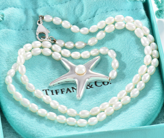 Vintage Tiffany & Co Sterling Silver Pearl Bead Starfish Pendant Necklace Pouch