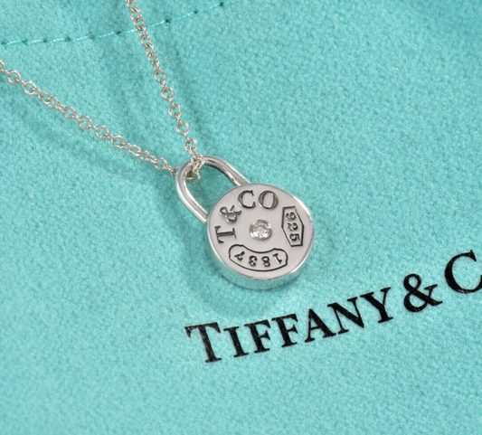 Tiffany & Co Diamond Silver 1837 Round Lock Circle Pendant 16" Necklace in Box