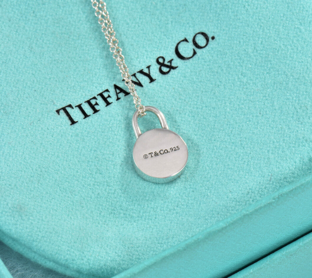 Tiffany & Co Diamond Silver 1837 Round Lock Circle Pendant 16" Necklace in Box