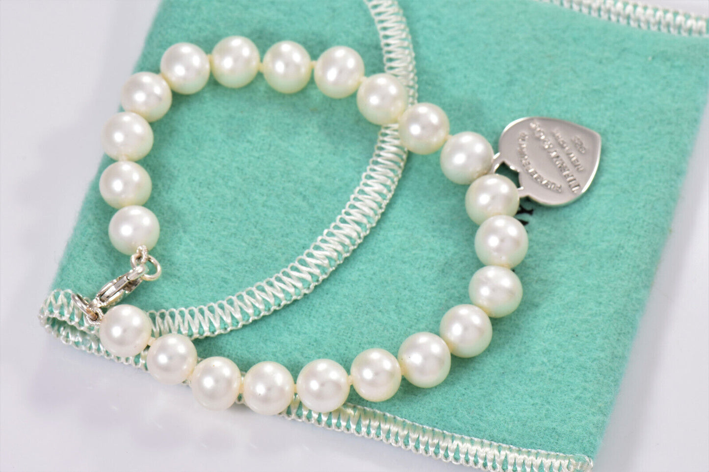 7.5" Please Return Tiffany & Co Silver Heart Charm 8mm Pearl Bead Bracelet Boxed