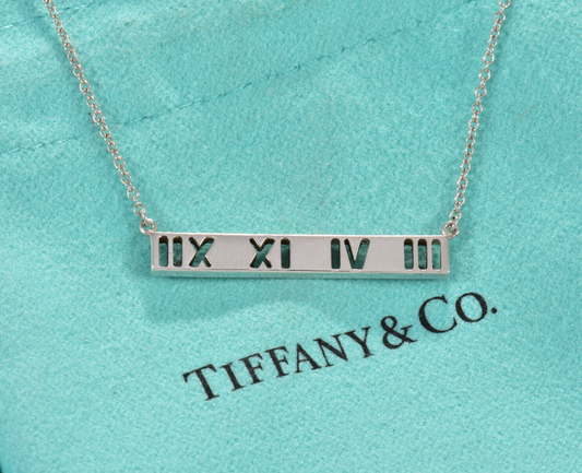 Tiffany & Co Silver Atlas Roman Numeral Bar Pendant Adjustable Necklace in Pouch