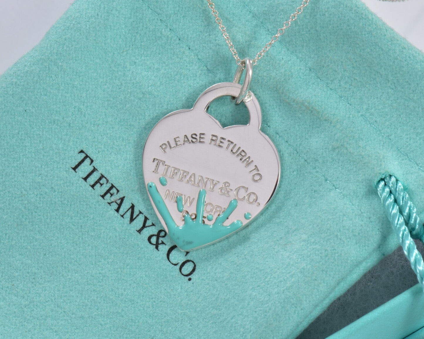 Please Return To Tiffany Silver Large Blue Enamel Splash Heart Pendant Necklace