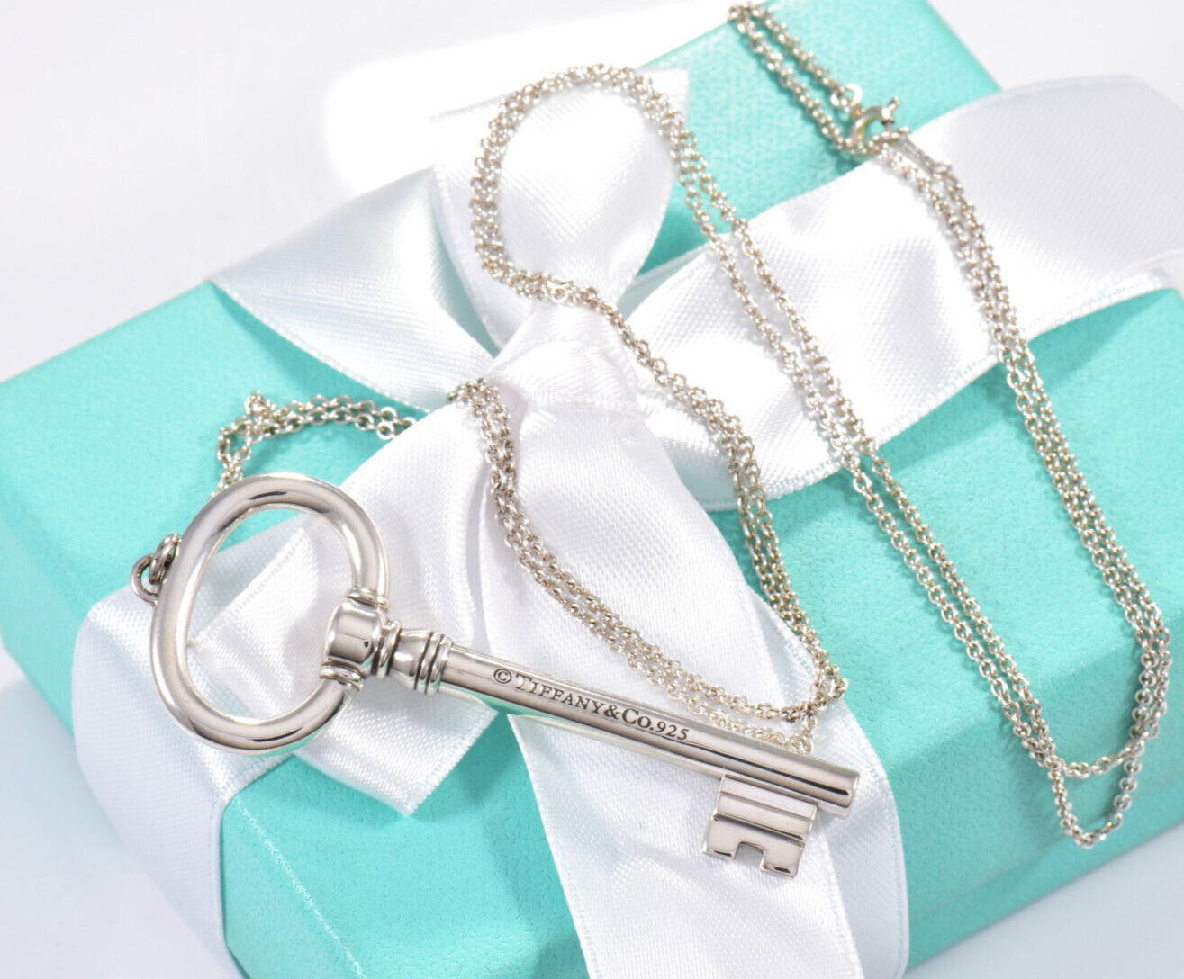 Tiffany & Co Silver XL 2.5" Oval Key Charm Pendant 30.5" Chain Necklace Boxed