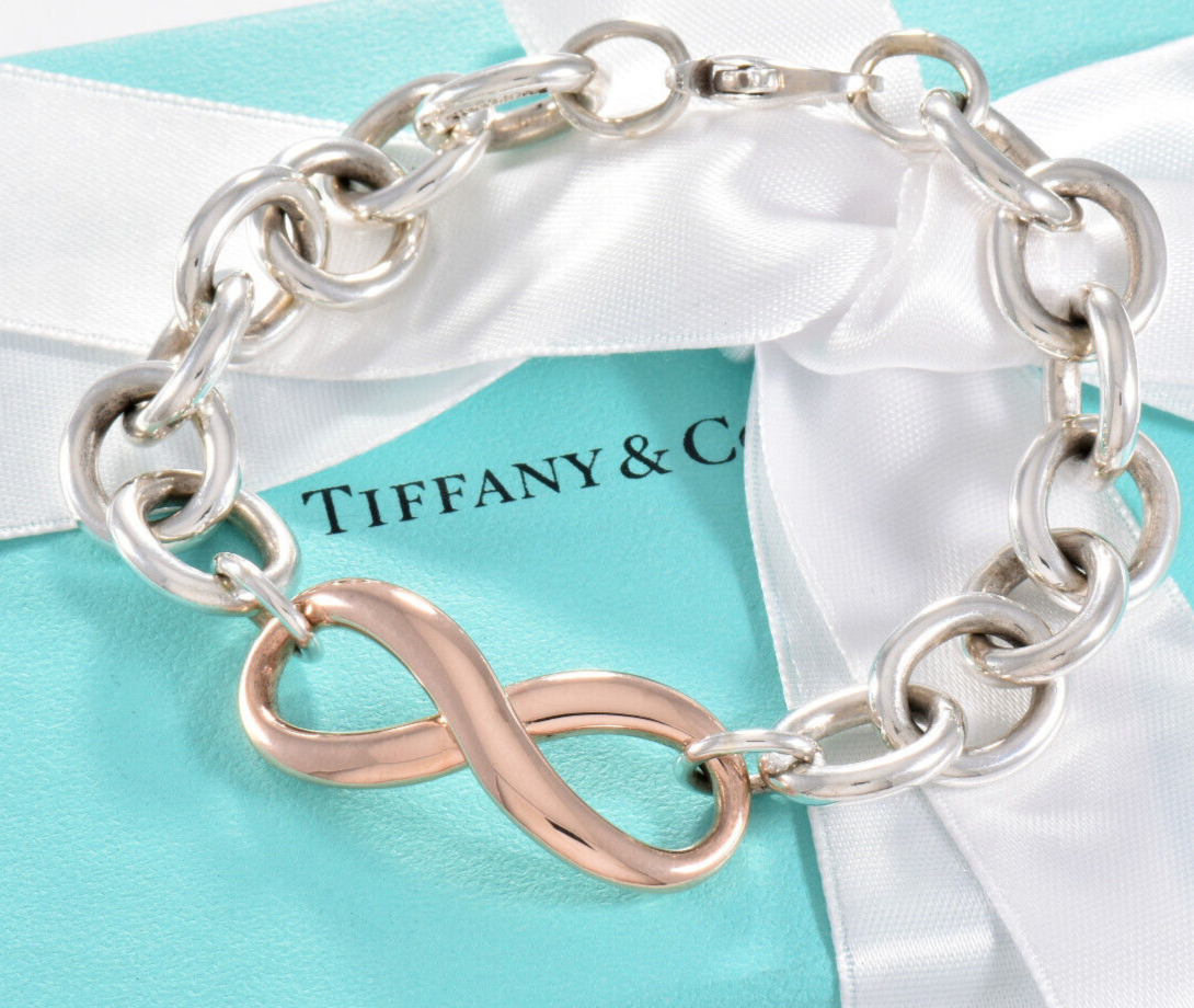 Heavy 7.75" Tiffany & Co Rubedo Gold Metal Silver Infinity Large Chain Bracelet