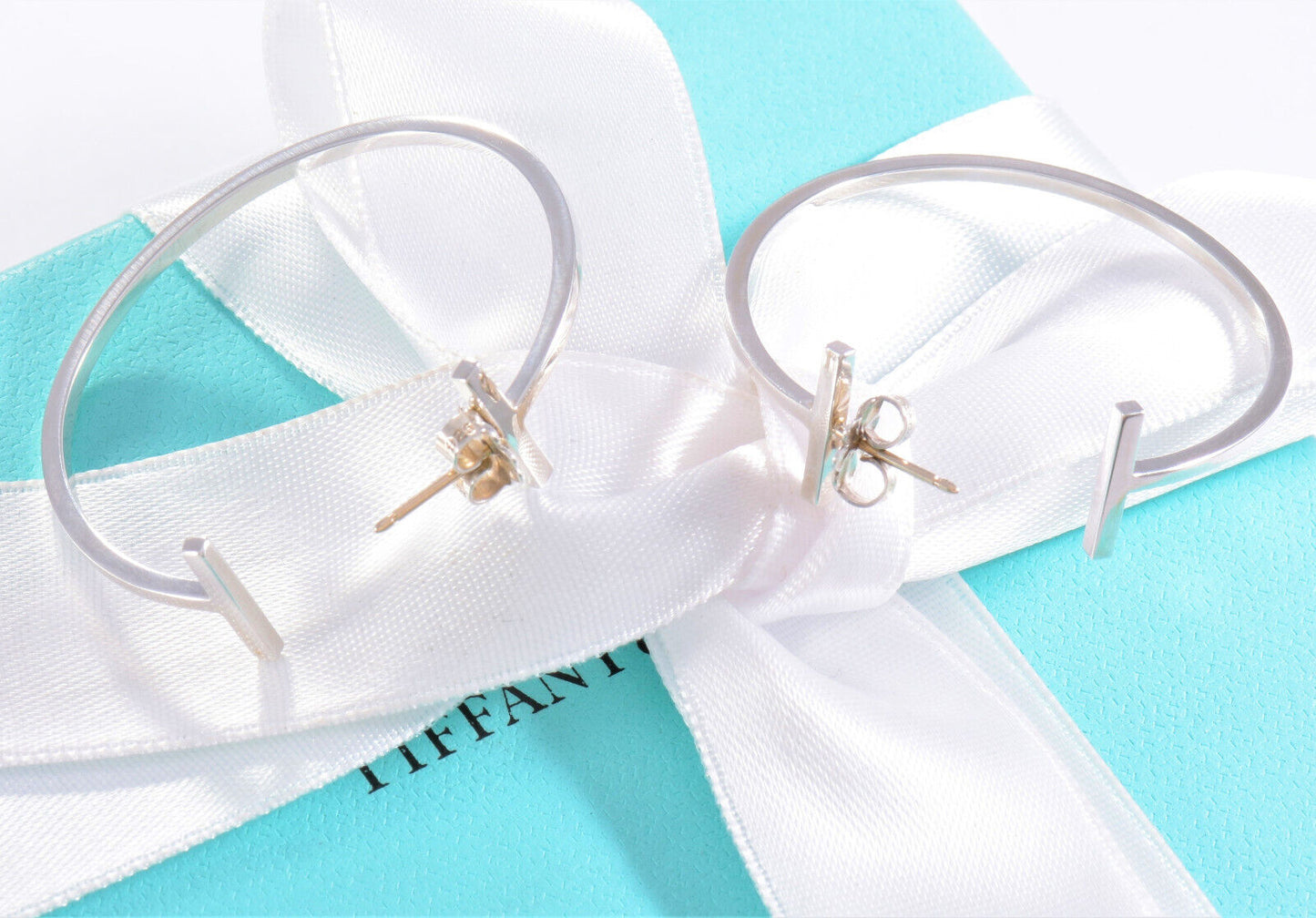 Tiffany & Co Silver 1.4" Large T Square Hoop Earrings in Box Rare 36mm Wire