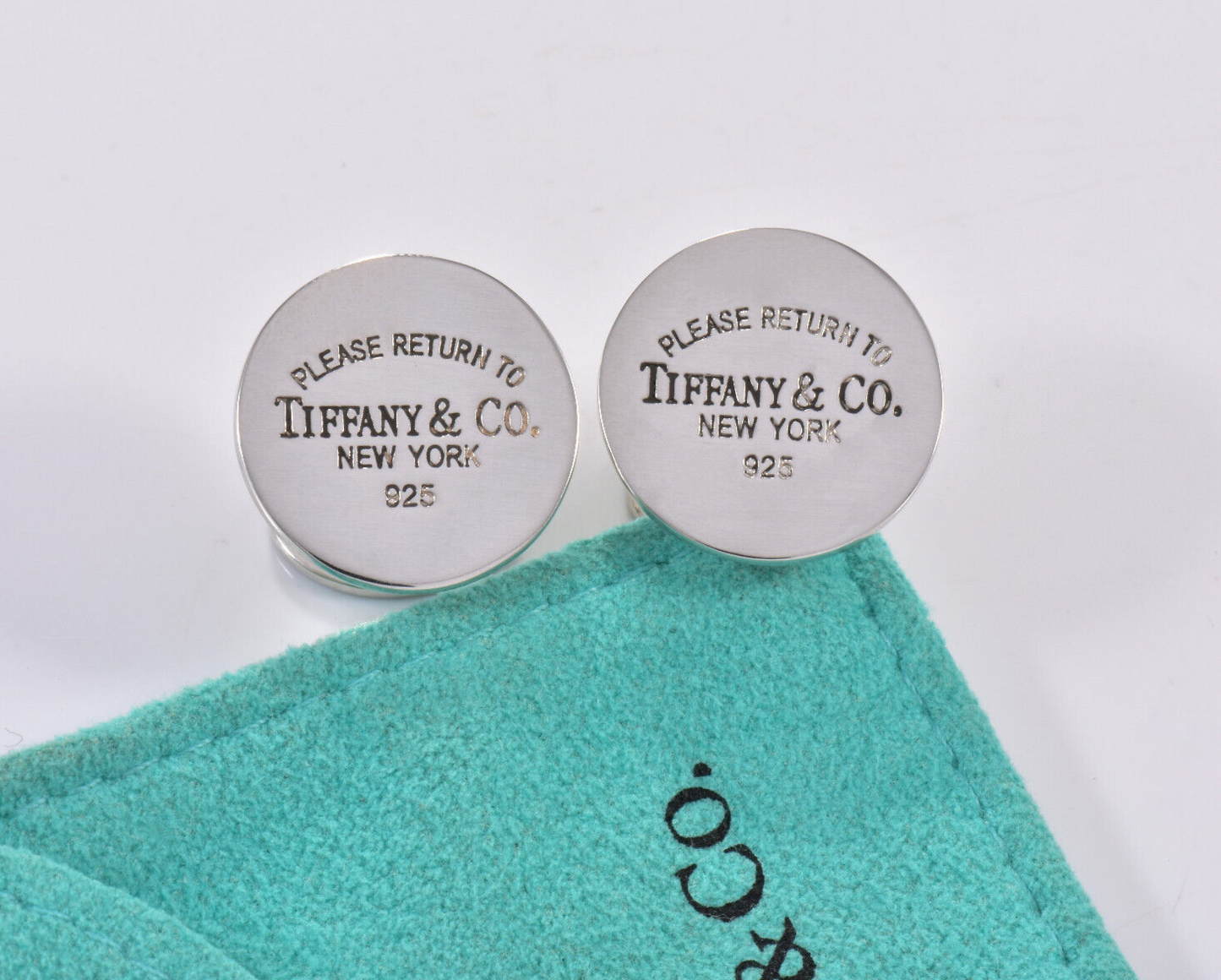 Please Return Tiffany & Co Sterling Silver Round Cufflinks in Pouch Mens Circle