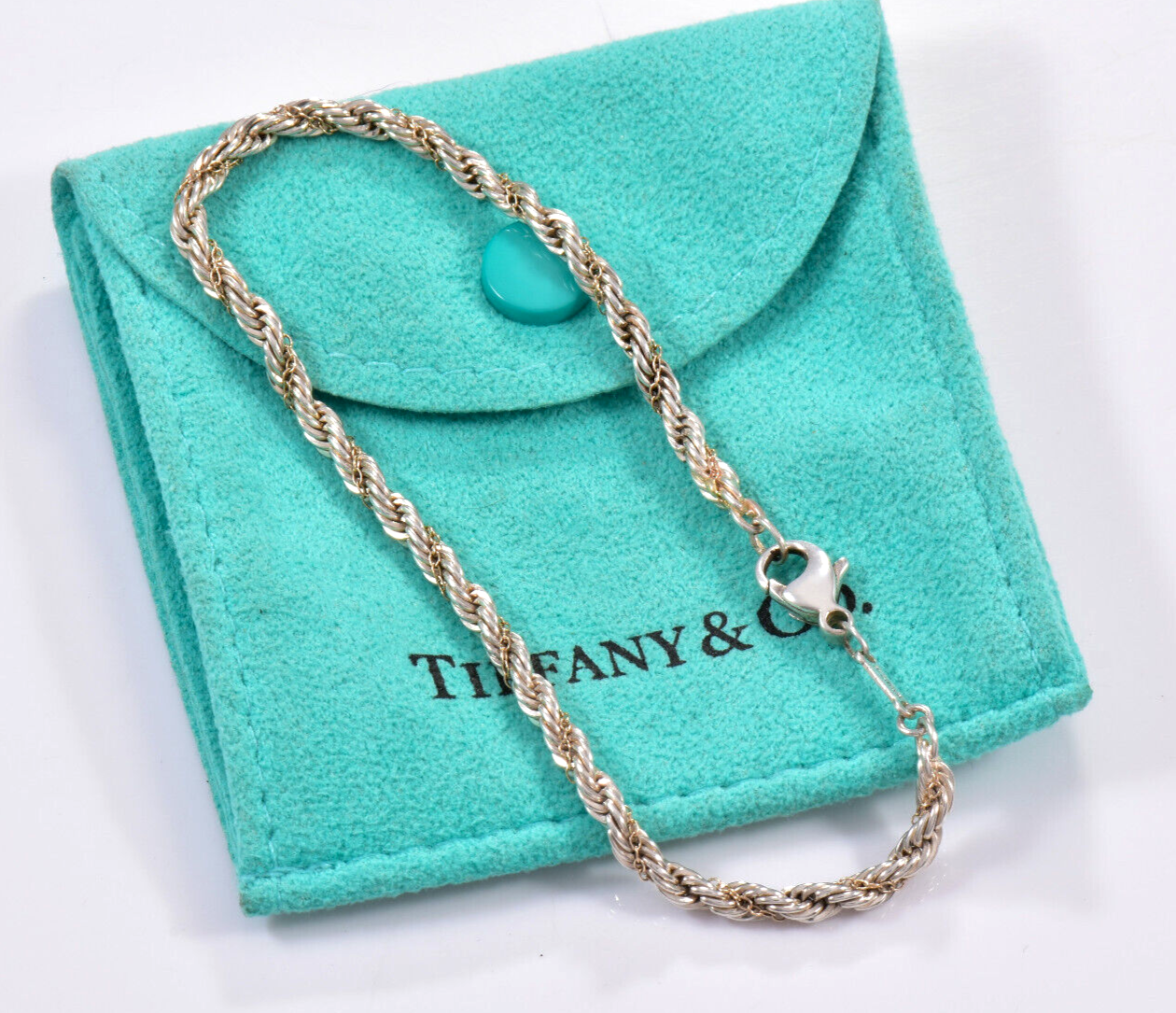 7.5" Vintage Tiffany & Co Silver Gold Thin 3.5mm Rope Chain Bracelet in Pouch