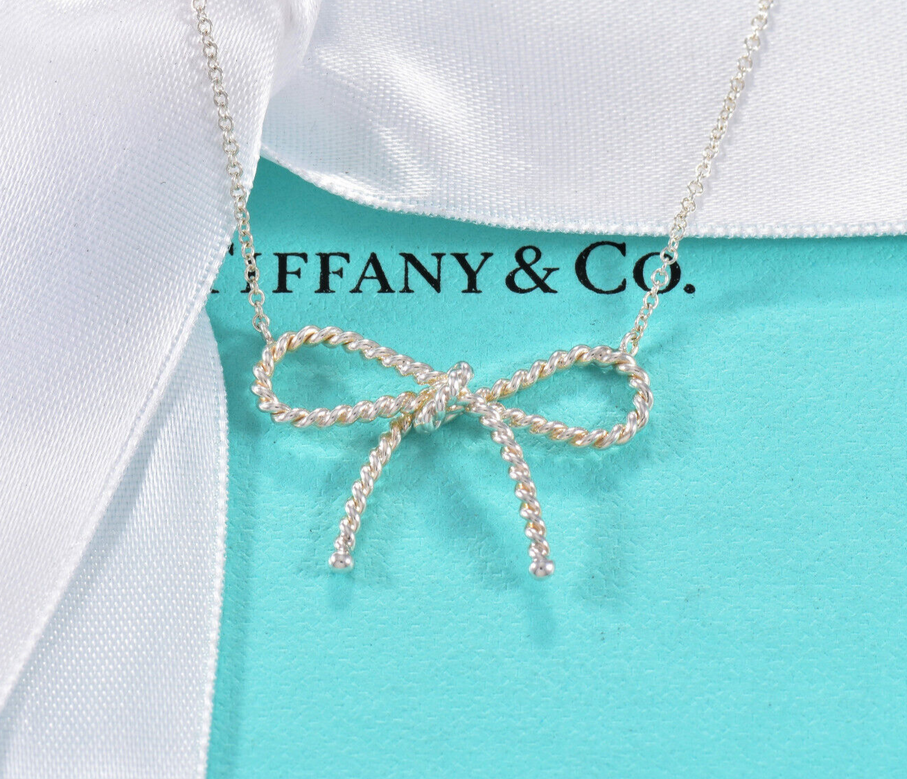 Tiffany & Co Silver Large Rope Ribbon Bow Pendant 16.75" Necklace in Box Pouch