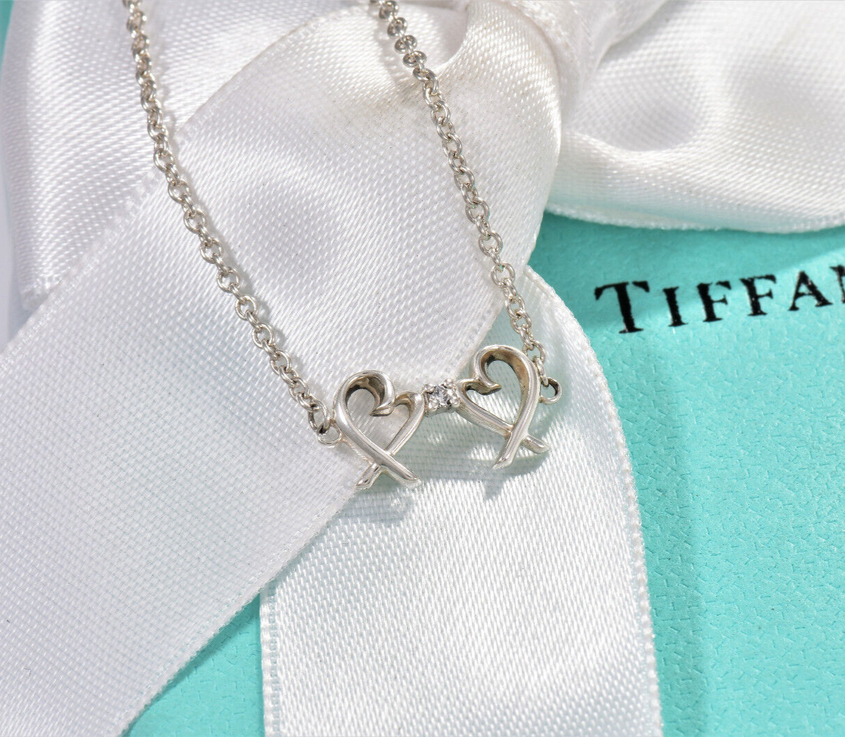 7" Tiffany & Co Diamond Silver Paloma Picasso Double Loving Heart Bracelet Boxed