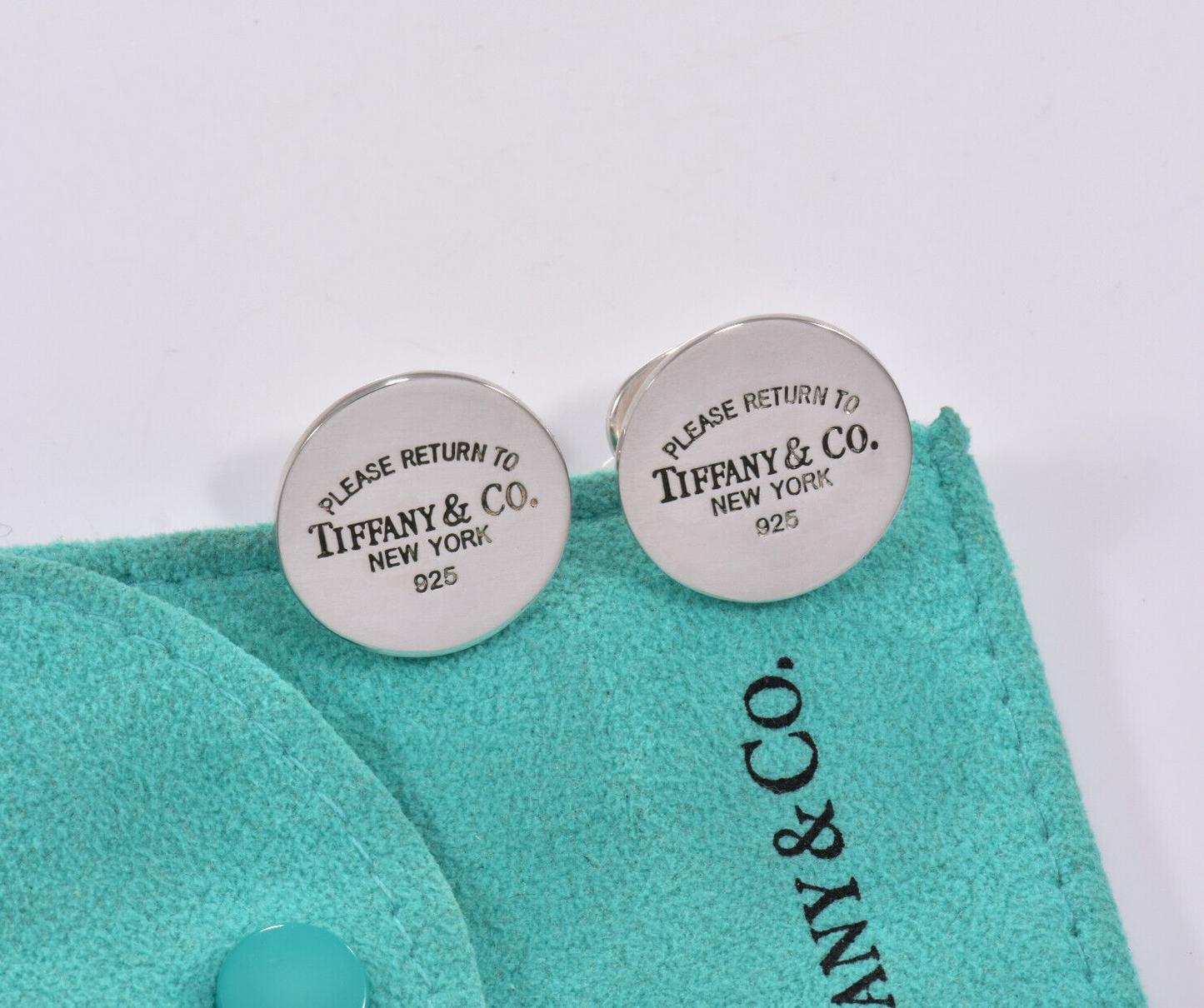 Please Return Tiffany & Co Sterling Silver Round Cufflinks in Pouch Mens Circle