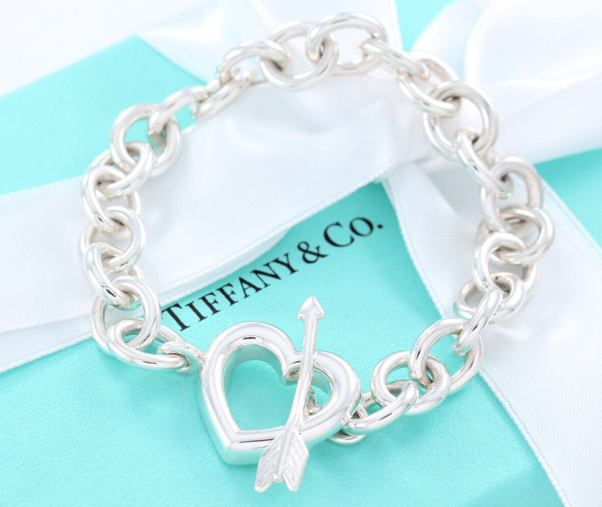 7.75" Vintage Tiffany & Co Sterling Silver Heart Arrow Toggle Chain Bracelet