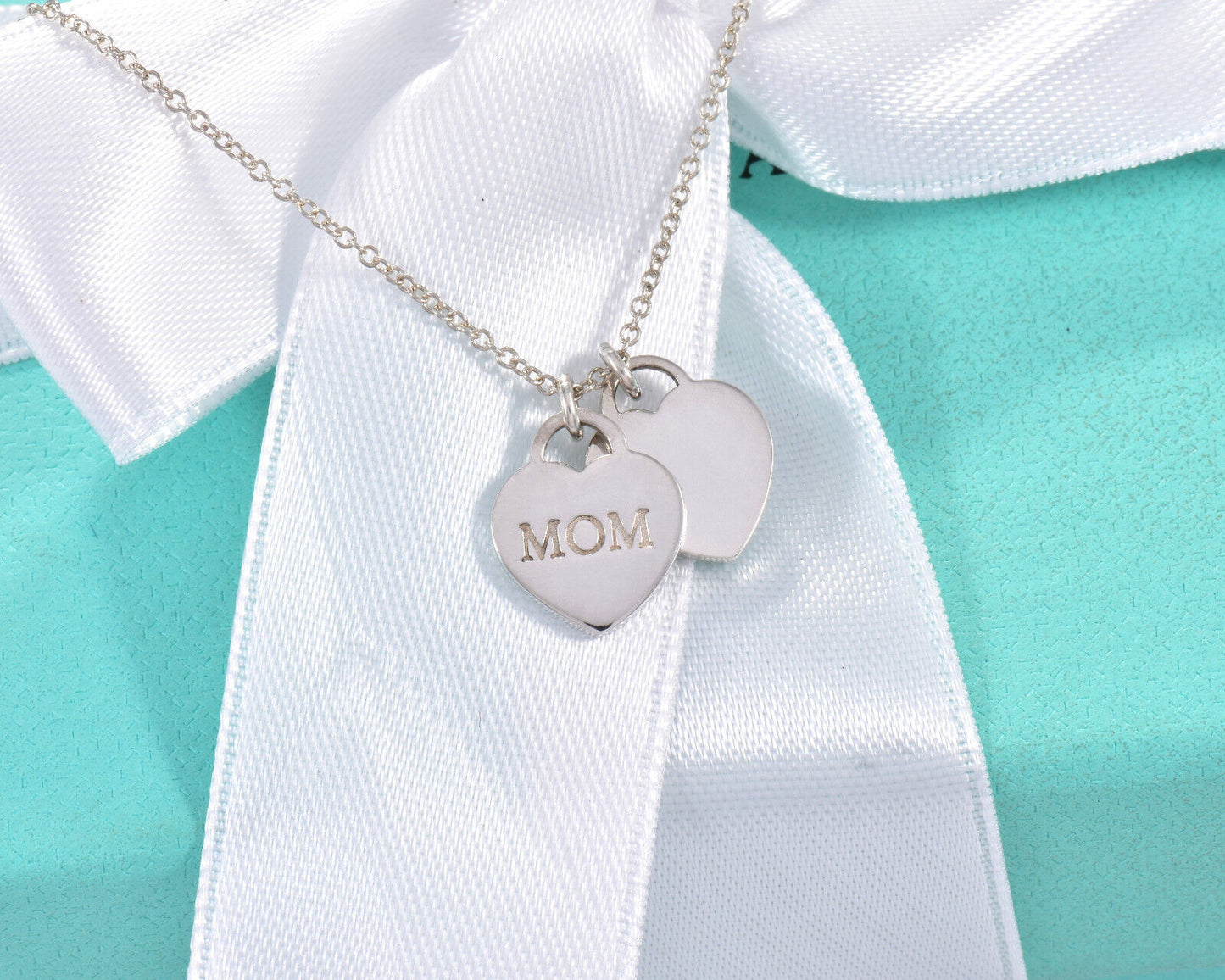 Tiffany & Co Silver "Mom" Mini Double Heart Pendant 19" Necklace in Box Pouch