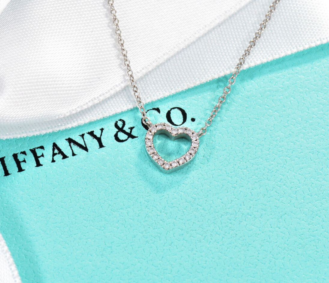 Tiffany & Co Diamond 18K White Gold Metro Heart Pendant 16.5" Necklace in Box