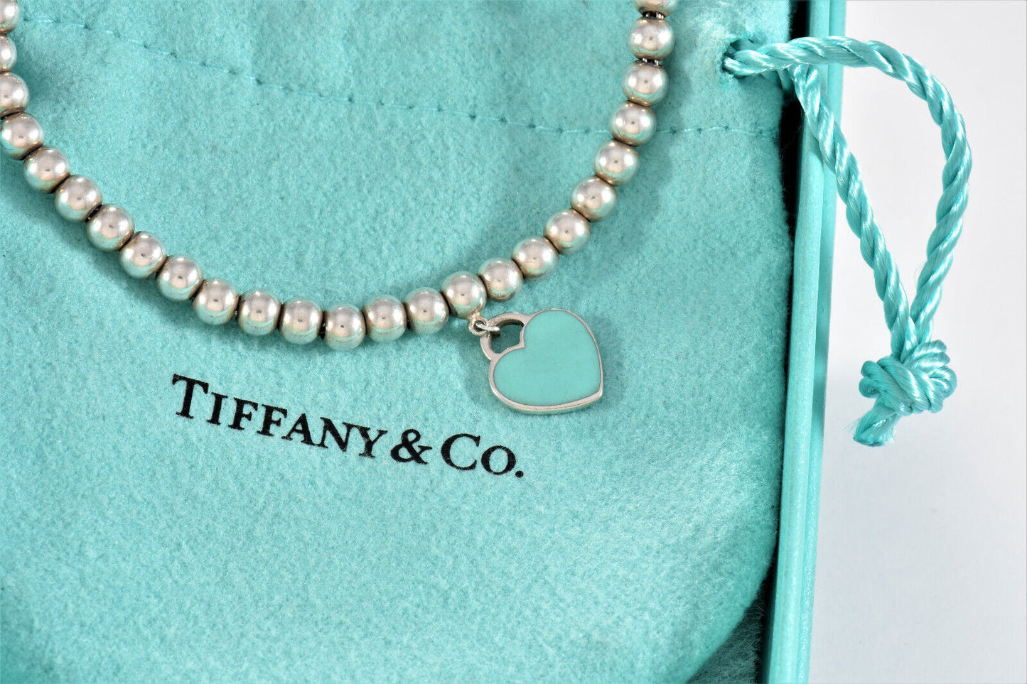 Please Return To Tiffany & Co Silver Blue Enamel Heart Charm Bead 7" Bracelet