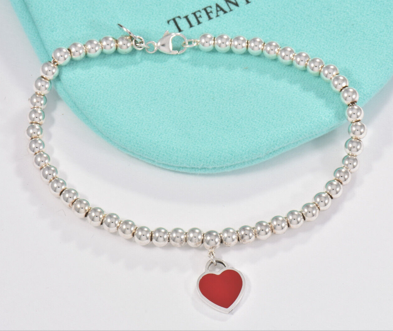 7" Please Return To Tiffany & Co Silver Red Enamel Heart Charm Bead Bracelet Box