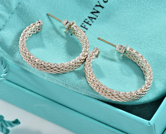 Tiffany & Co Sterling Silver Medium 25mm Mesh Hoop Earrings in Box Narrow Rare