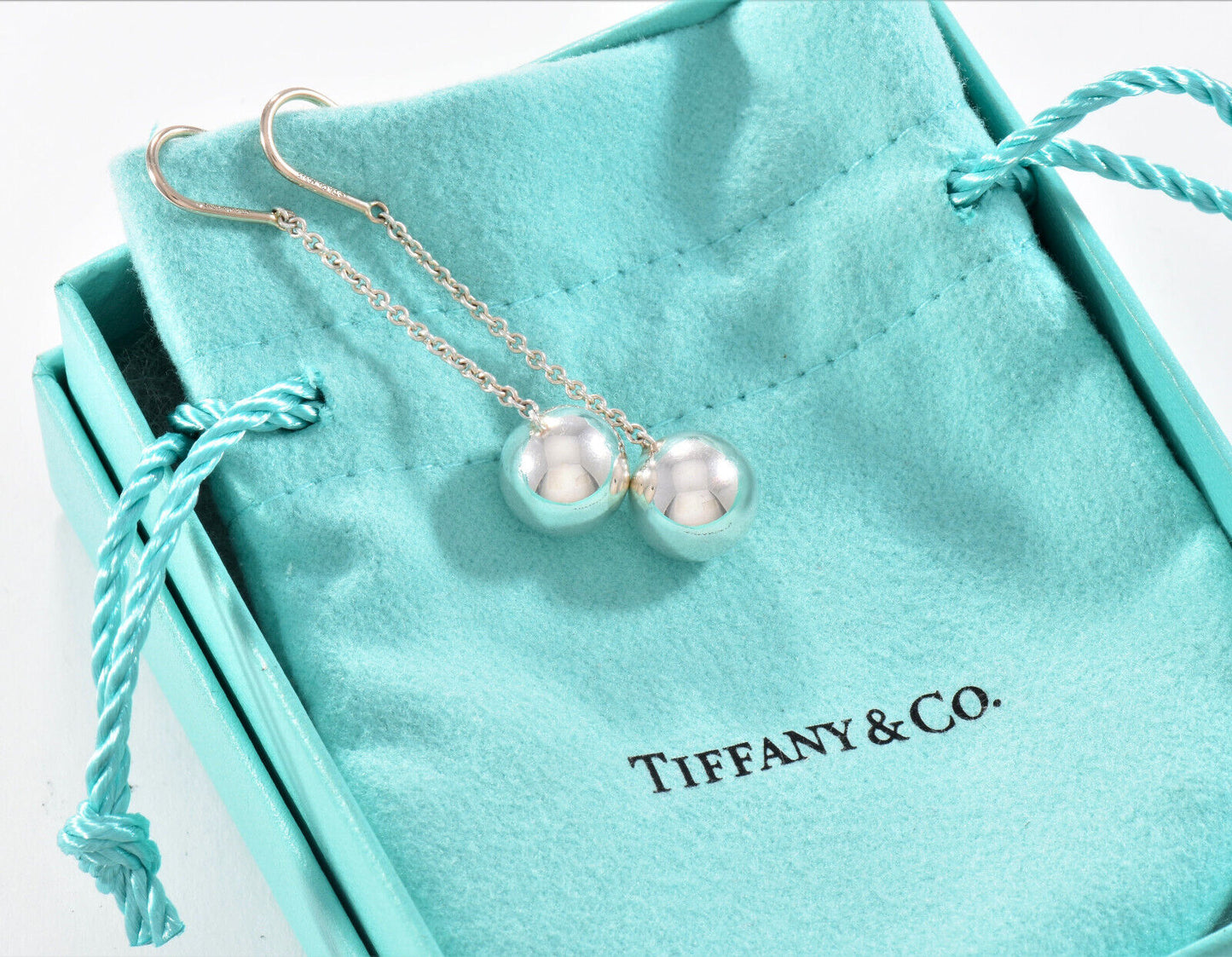 Tiffany & Co Sterling Silver 10mm HardWear Bead Drop Hook Earrings in Box Pouch