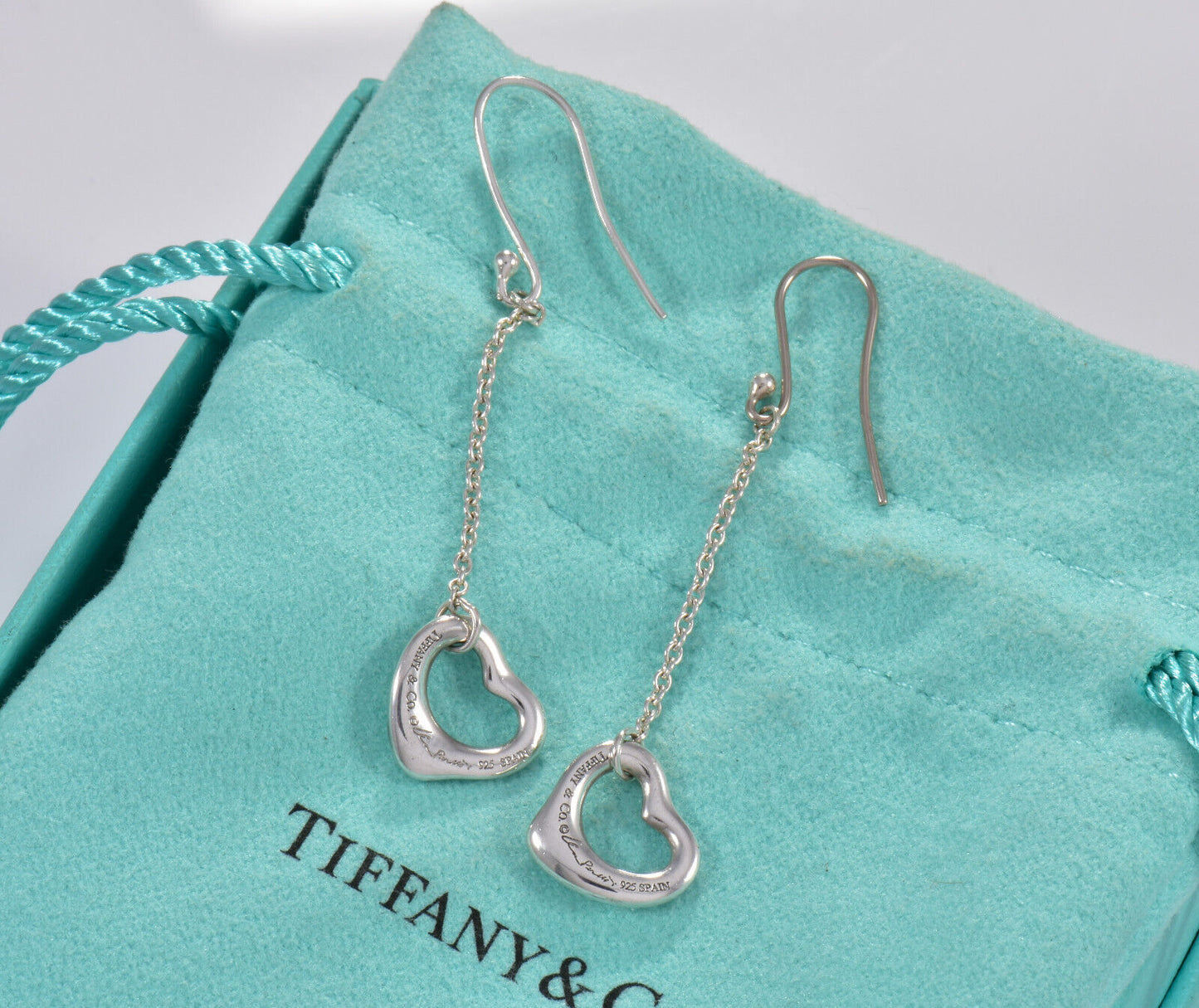 Tiffany & Co Silver Elsa Peretti Open Heart Drop Hook Earrings in Box Pouch Love