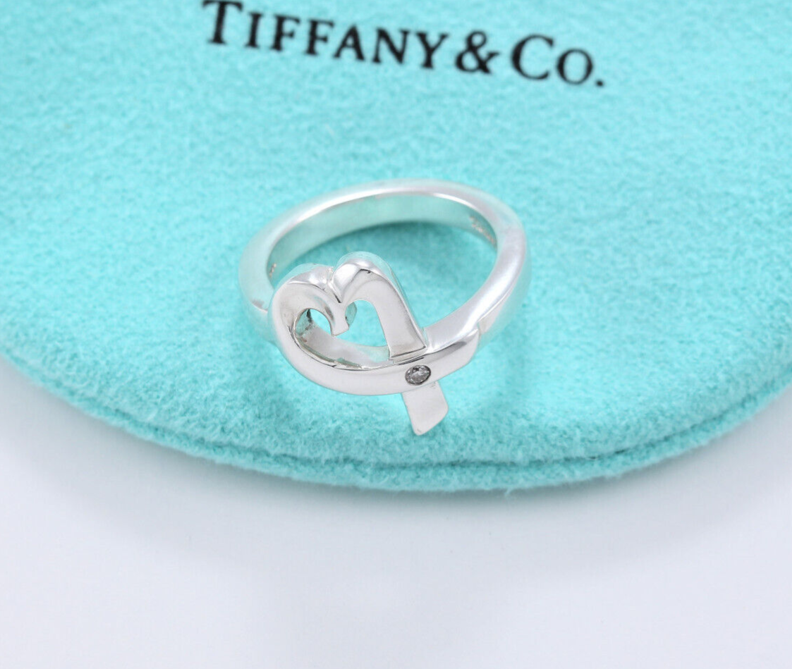 Size 5.5 Tiffany & Co Diamond Silver Paloma Picasso Loving Heart Ring Box Pouch