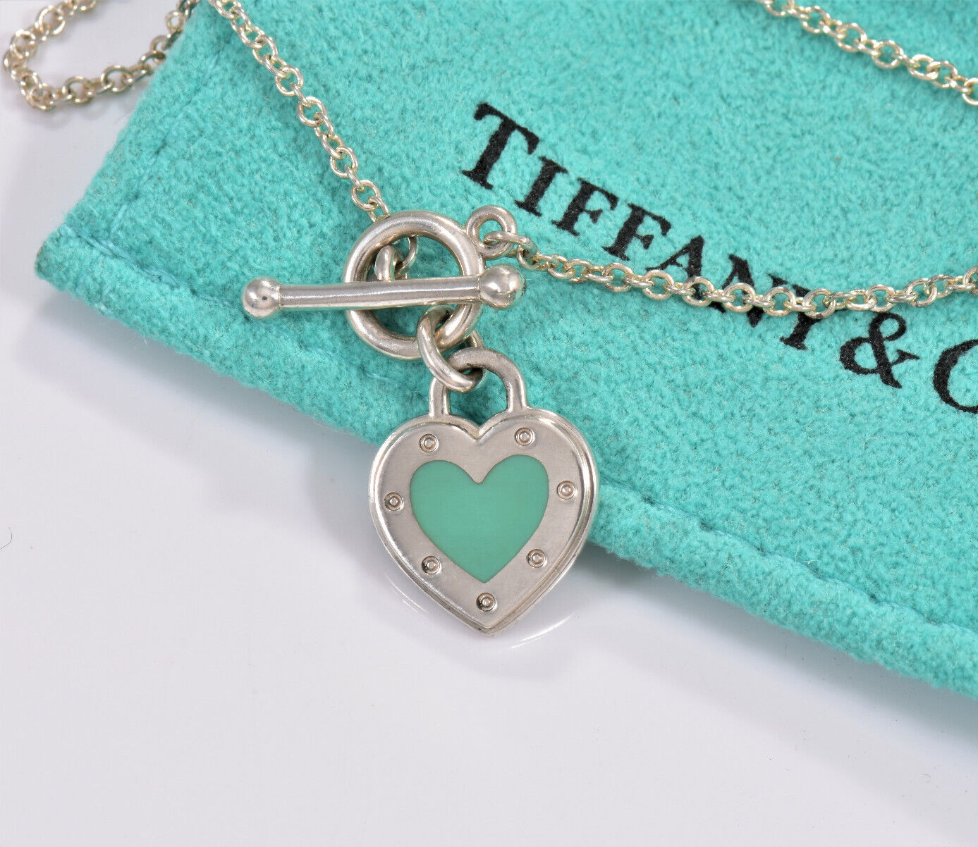 6.75" Return To Tiffany & Co Silver Blue Enamel Heart Charm Toggle Bracelet Box