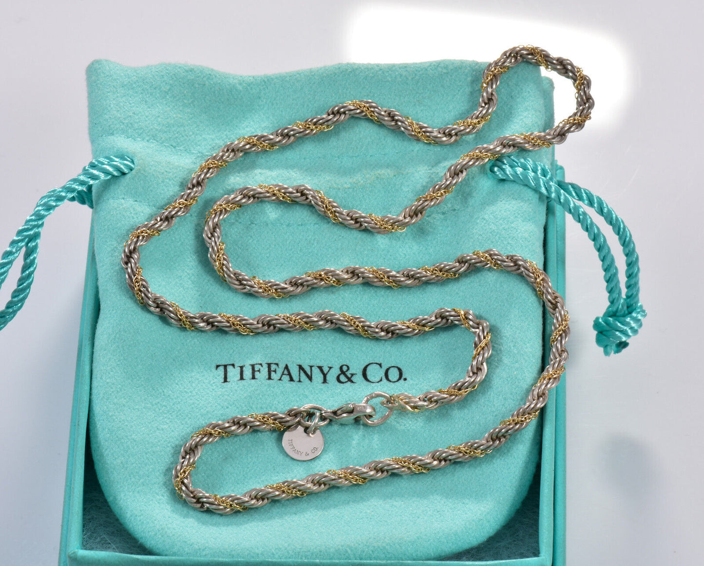 Tiffany & Co 18K Gold Silver 4mm 18" Rope Chain Necklace Unisex Mens Twist Pouch