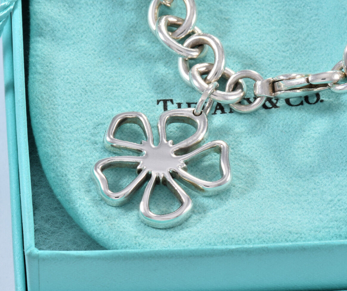 7.5" Tiffany & Co Silver Hibiscus Flower Charm Chain Link Bracelet in Box Pouch