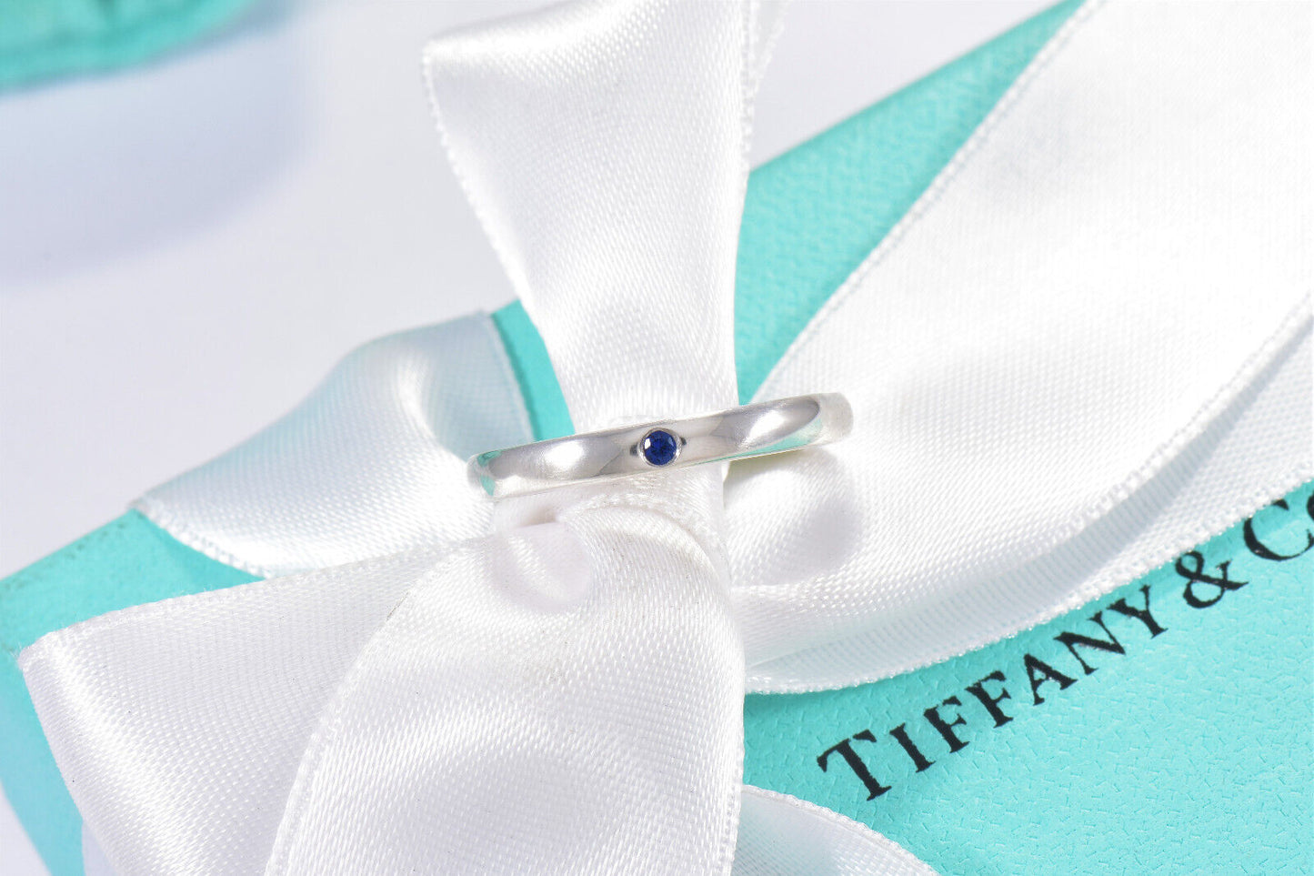 Tiffany & Co Silver Elsa Peretti Blue Sapphire Stack Ring Size 6.5 in Pouch Rare