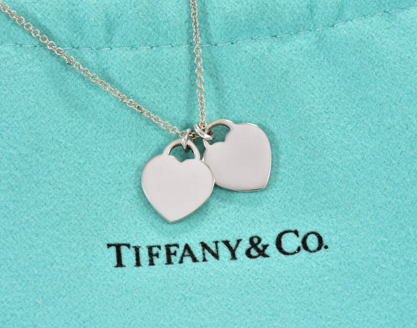 19.25" Please Return To Tiffany & Co Silver Mini Double Heart Pendant Necklace