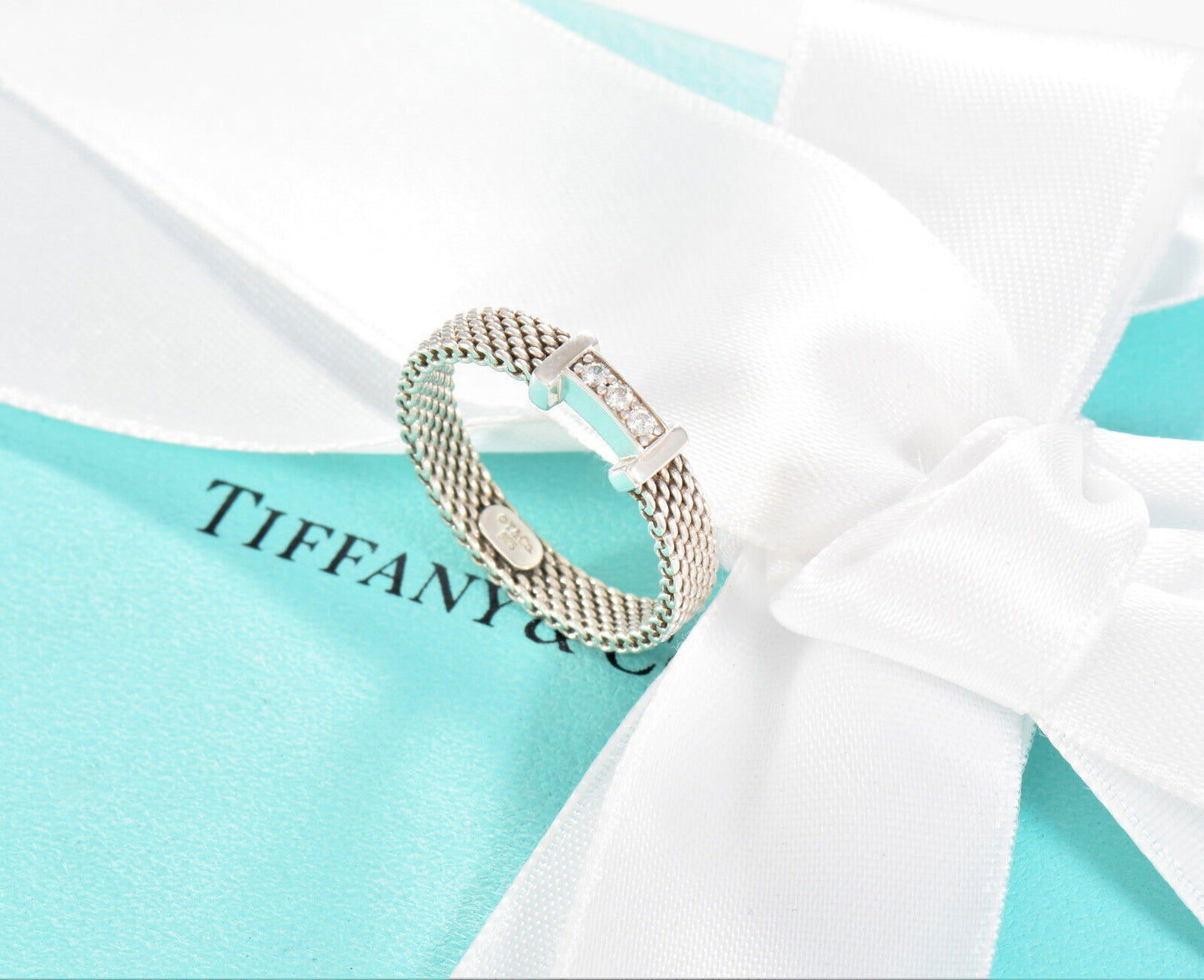 Size 6 Tiffany & Co 3 Diamond Silver Somerset Mesh Narrow Band Ring in Box Pouch