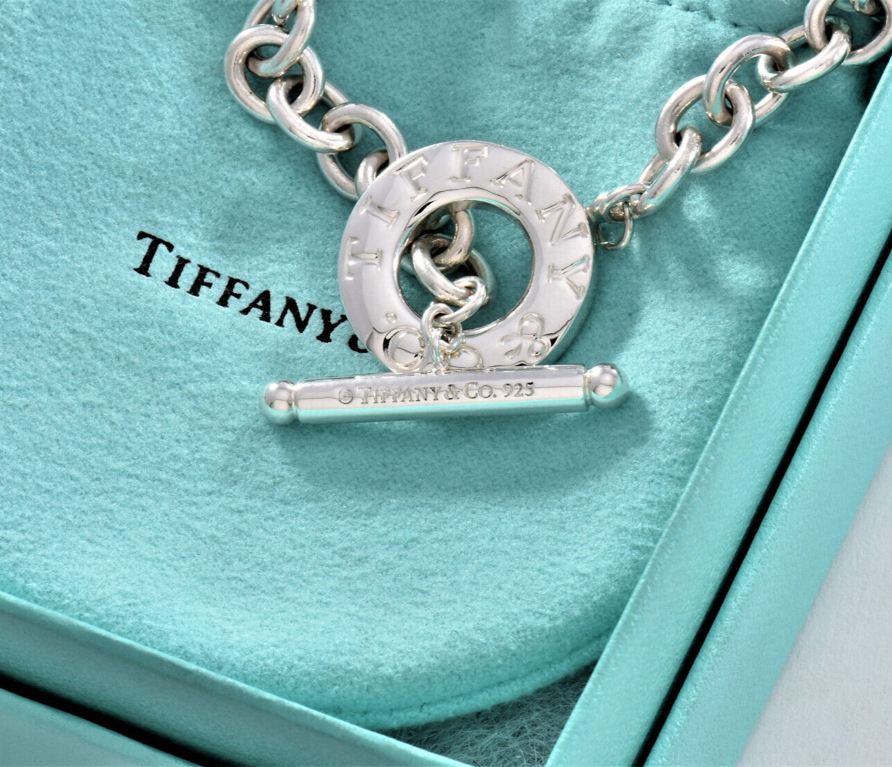 8" Tiffany & Co Sterling Silver Toggle Chain Link Charm Bracelet in Pouch Lovely