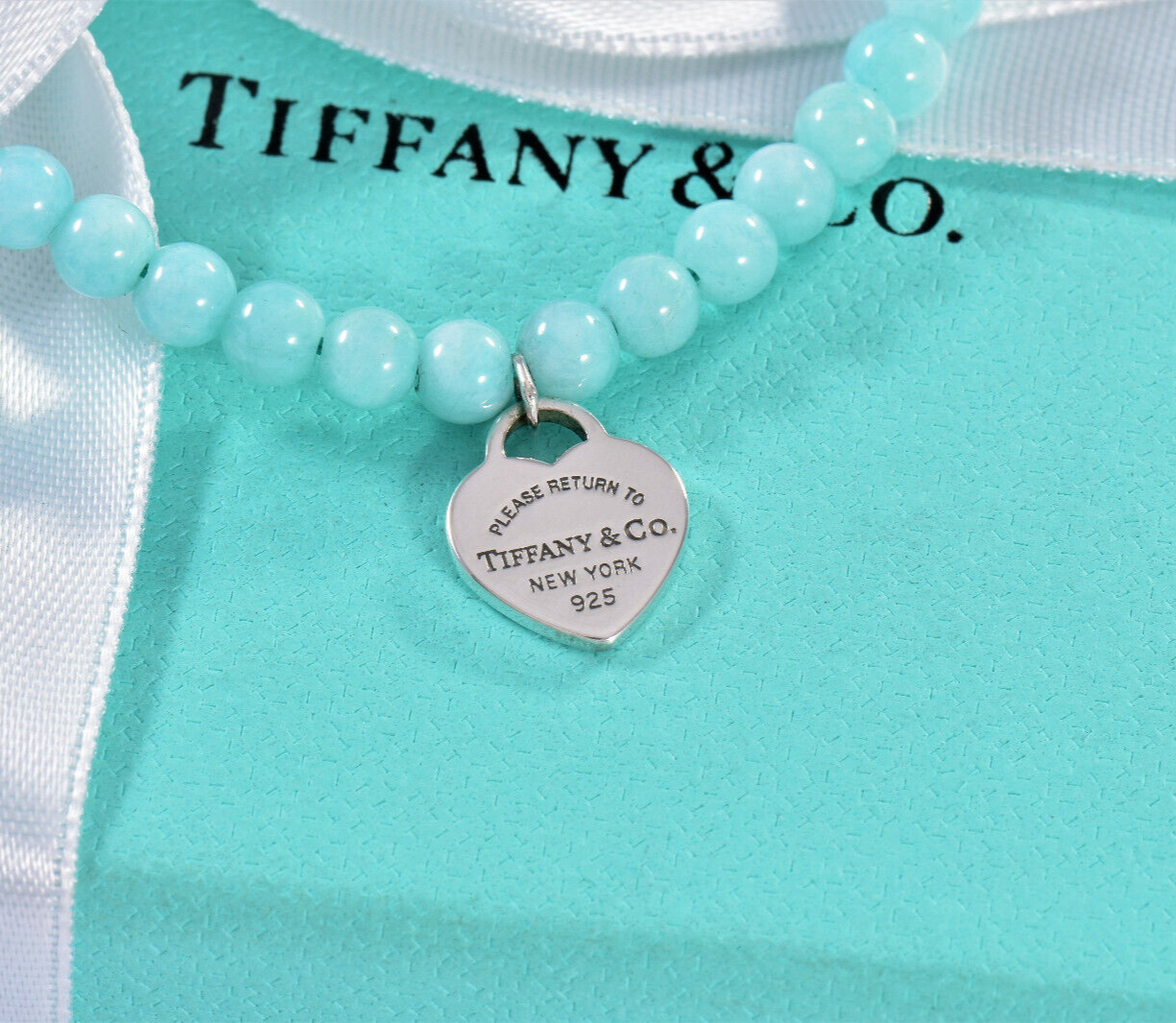 7.55" Please Return To Tiffany & Co Silver Heart Charm Amazonite Bead Bracelet