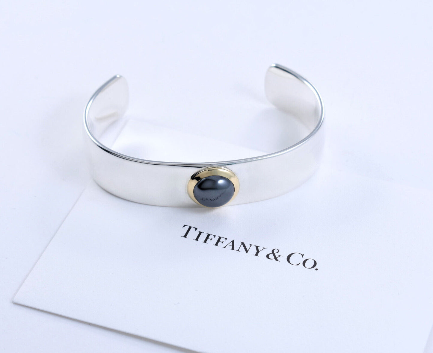 Vintage Tiffany & Co 18K Gold Silver Hematite Cuff Bracelet in Box Pouch Ribbon